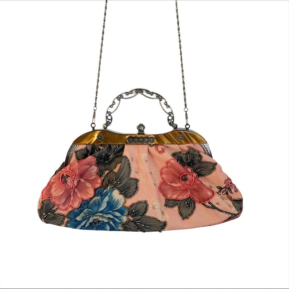 Handbags - Vintage Pink Floral Beaded Handle Handbag Purse